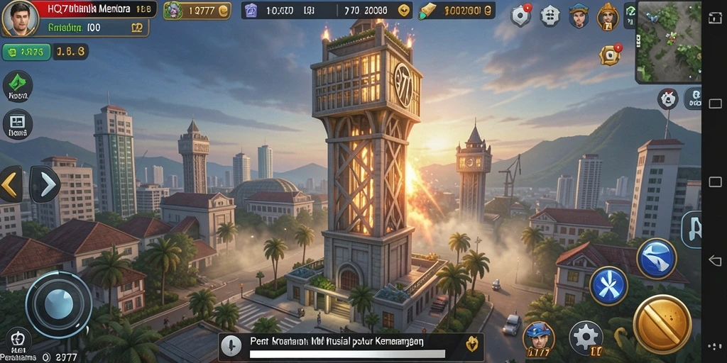 Tampilan gameplay seru dari HQ777 dengan menara yang berwarna-warni.