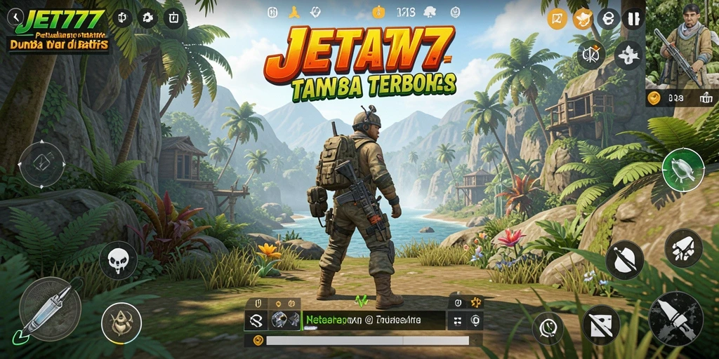 Screenshot utama JET77 menampilkan aksi seru dalam dunia terbuka.
