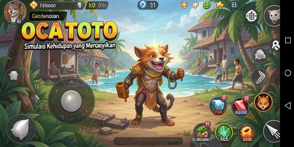 Tampilan gameplay OCATOTO dengan karakter dan rumah yang didekorasi indah.