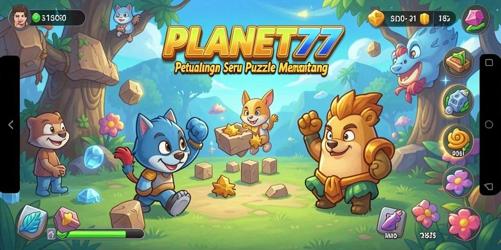 Tangkapan layar utama PLANET77 menampilkan gameplay seru dan warna-warni.
