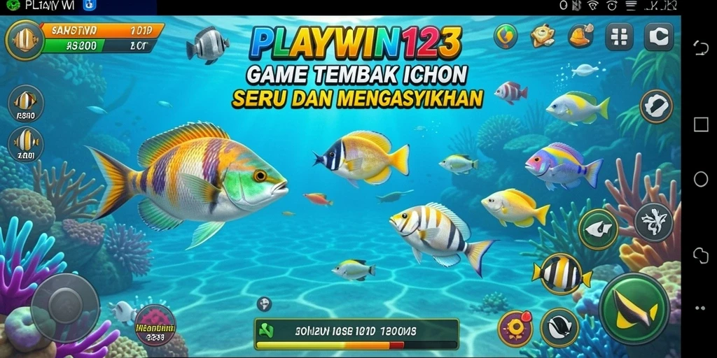 Screenshot utama PLAYWIN123 menampilkan aksi menembak ikan yang seru.